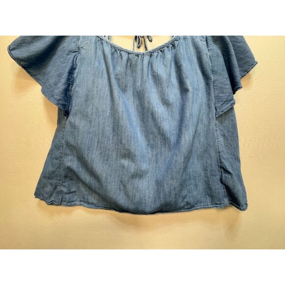 Old Navy Women Chambray Flutter Blouse Denim Sz 3X Blue Lightweight Short Sleeve - Picture 6 of 12